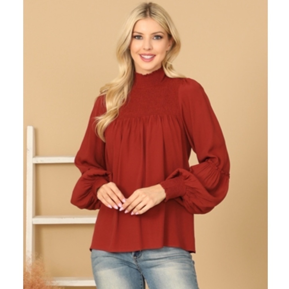 LAST 1! BRICK SHIRRED HIGH OVERSIZED NECK PUFF SLEEVE SOLID TOP! - Picture 4 of 6